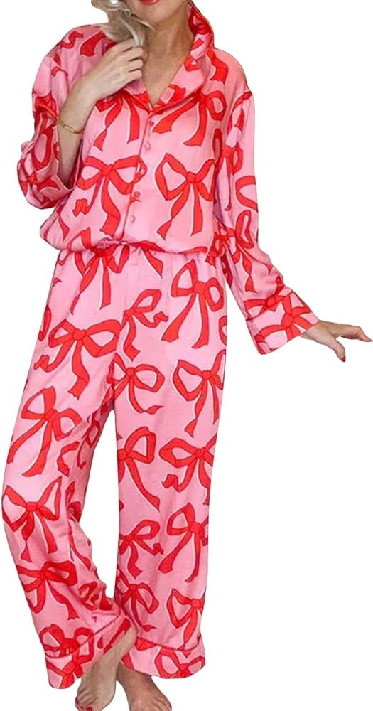 LILTWIST Holiday Cute Bow Pajamas Women Silk Satin Pink Heart Print Pjs 2 Piece Long Sleeve Shirt... | Amazon (US)