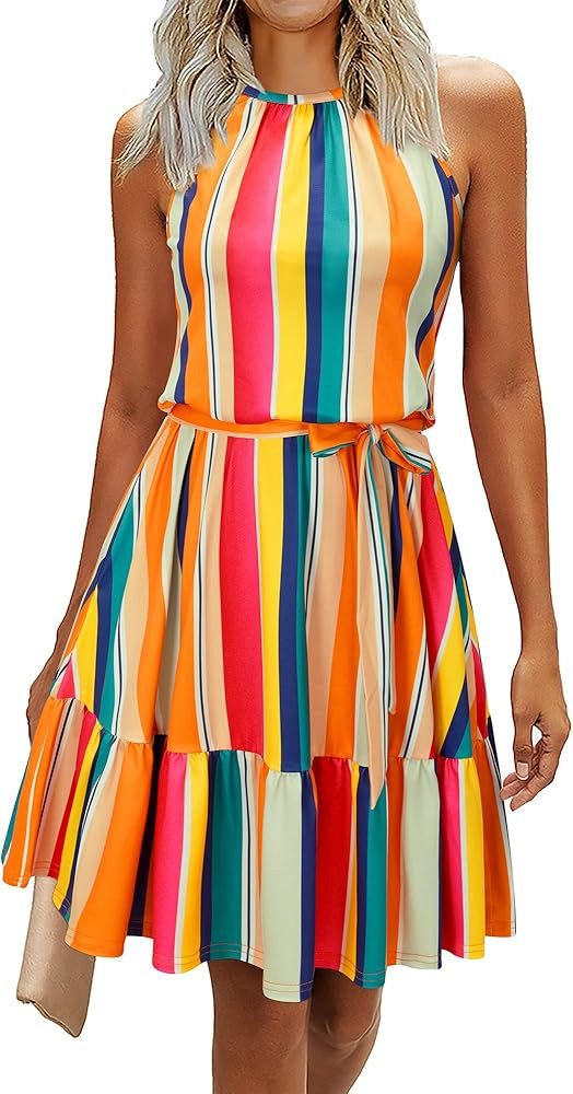 Newshows Womens 2025 Summer Dress Halter Wedding Guest Casual Beach Vacation Outfits Belted Sundr... | Amazon (US)