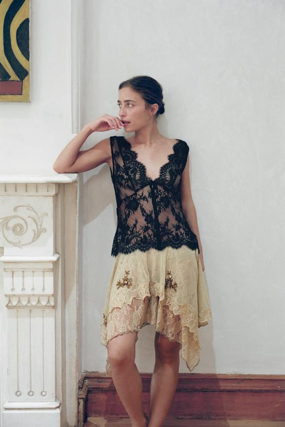 Zara - Lace Buttoned Top - Black - M - Woman | Zara UK