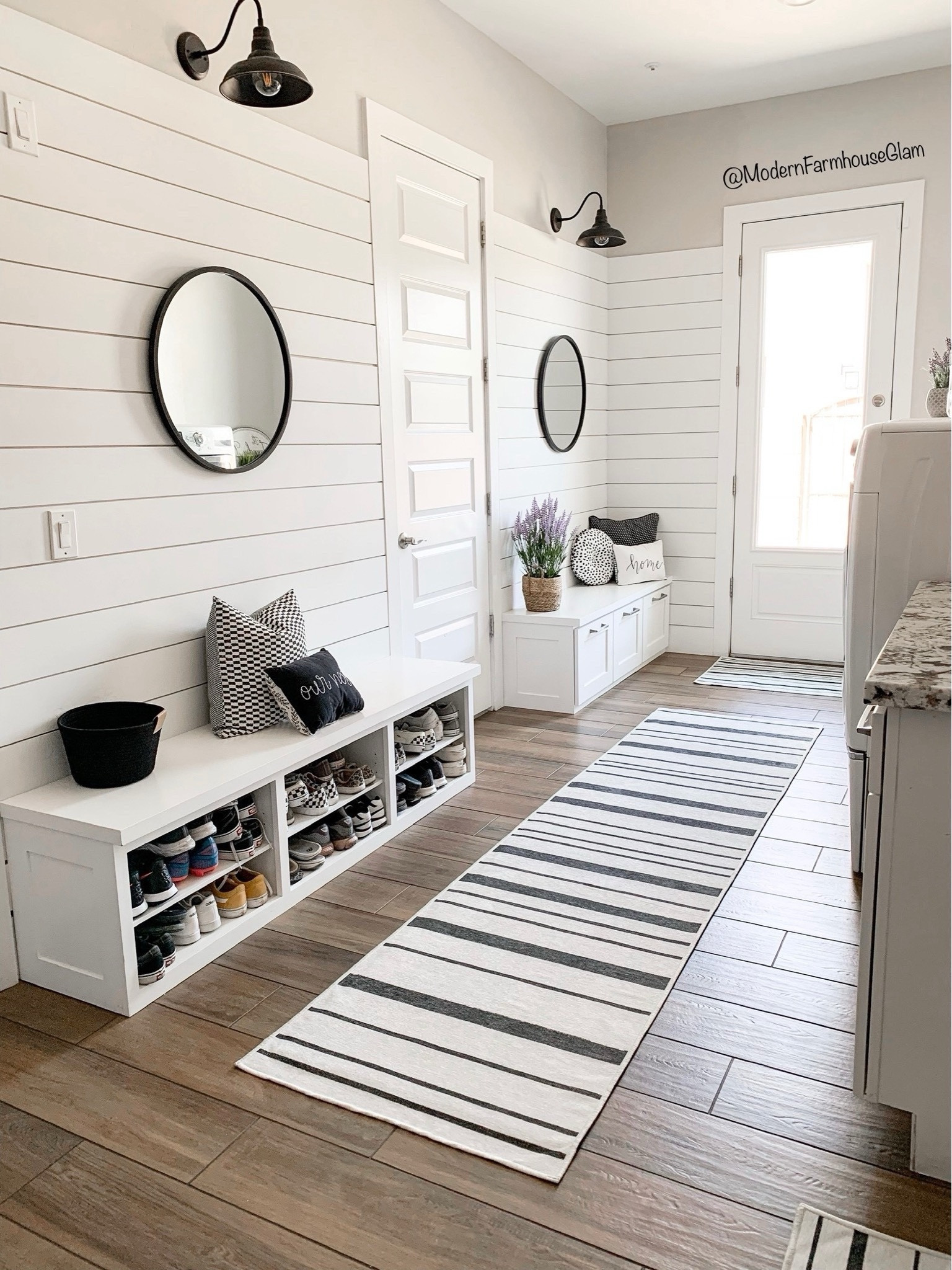 Laundry room at Modern Farmhouse Glam. Washable rugs, neutral area rug, runner rug, black and white rug, round mirror, farmhouse lighting, sconce light, lighting fixture, Wayfair, Pottery Barn, Amazon home, 

#LTKFamily #LTKHome