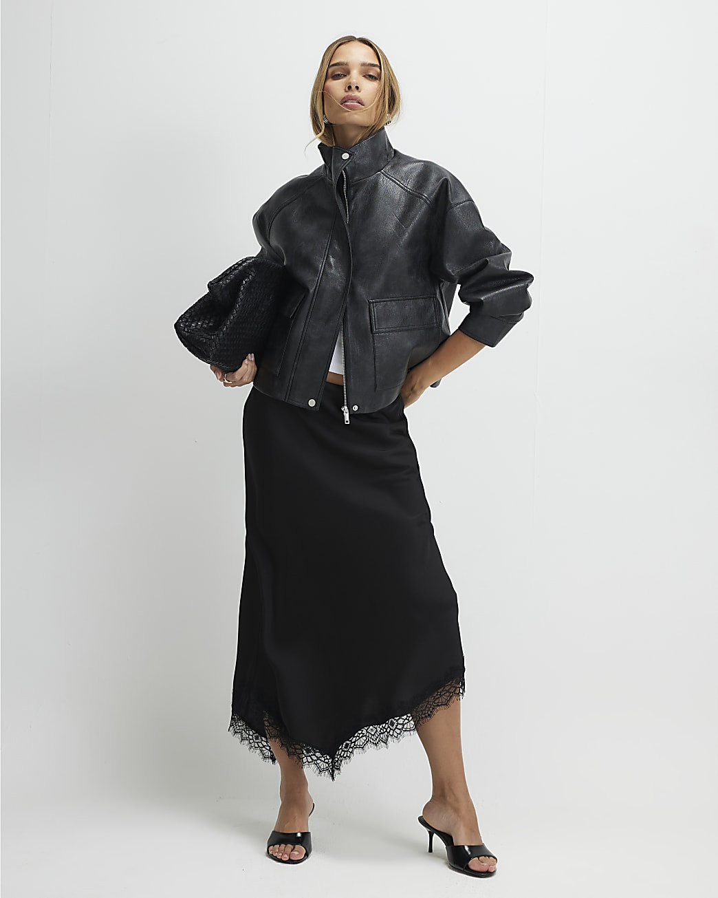 Black Satin Asymmetric Lace Trim Midi Skirt | River Island UK & IE