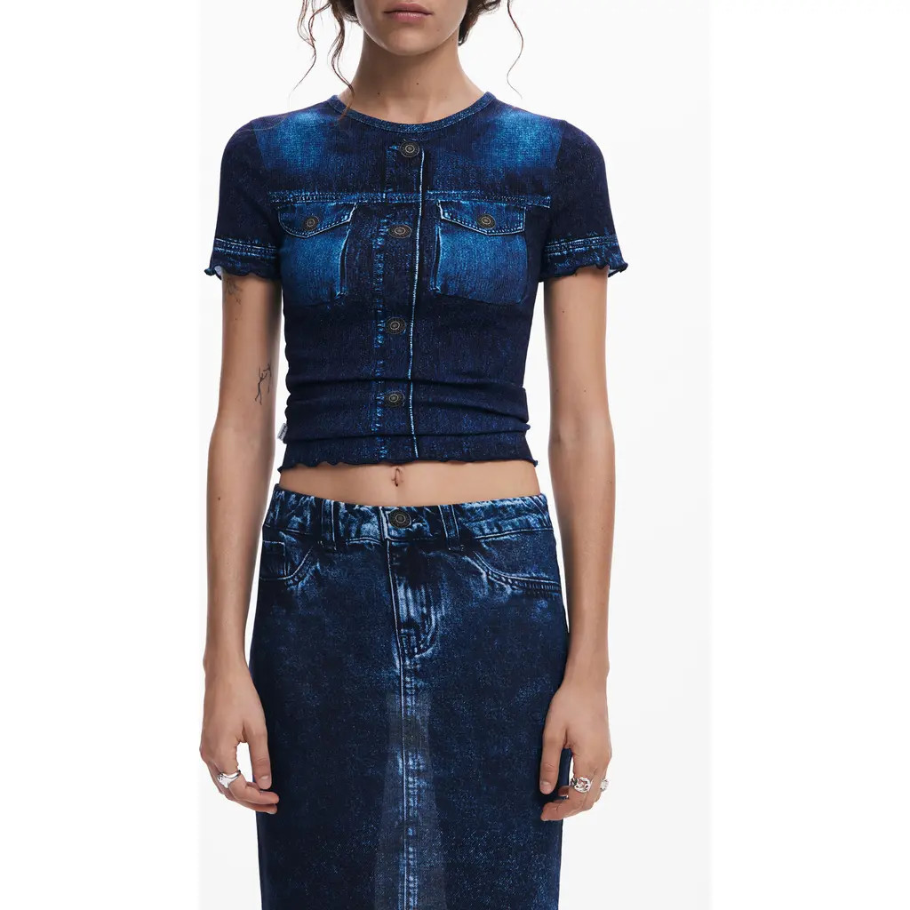 Desigual Denim Print Crop T-Shirt in Dark Blue at Nordstrom Rack, Size X-Large | Nordstrom Rack