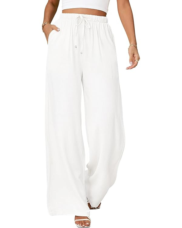 Womens Linen Pants High Waisted Wide Leg Pants Summer Palazzo Pants Casual Flowy Pants Drawstring... | Amazon (US)