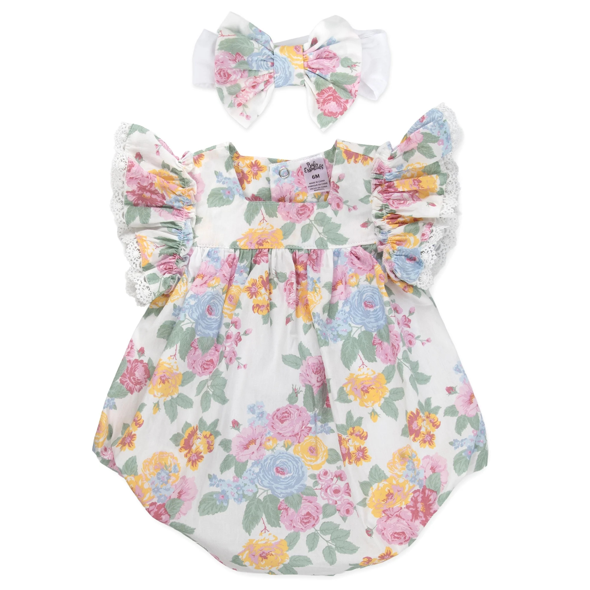 Baby Essentials 3 Months Infant Girls Romper with Matching Headband 100% Cotton Spring Summer Out... | Walmart (US)