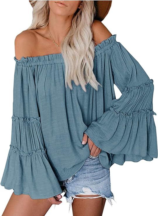 Womens Off The Shoulder Long Bell Sleeve Tops Flared Casual Loose Blouse | Amazon (US)