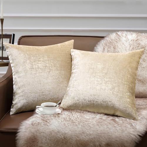 Phantoscope Pack of 2 Sparkling Velvet Decorative Solid Throw Decorative Pillow Cover Soft Gold Glitter Square Cushion Cover Pillowcase for Couch Bed and Chair, Beige, 20 x 20 inches, 50 x 50 cm | Amazon (US)