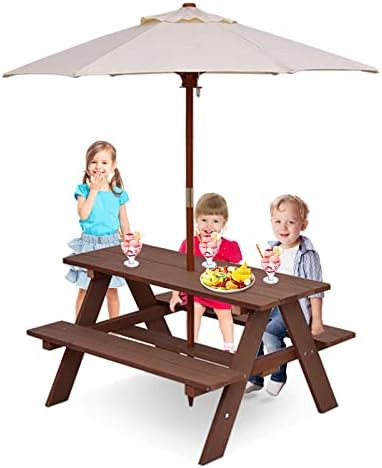 Costzon Kids Picnic Table, Wooden Table & Bench Set w/Removable & Foldable Umbrella, Toddler Pati... | Amazon (US)