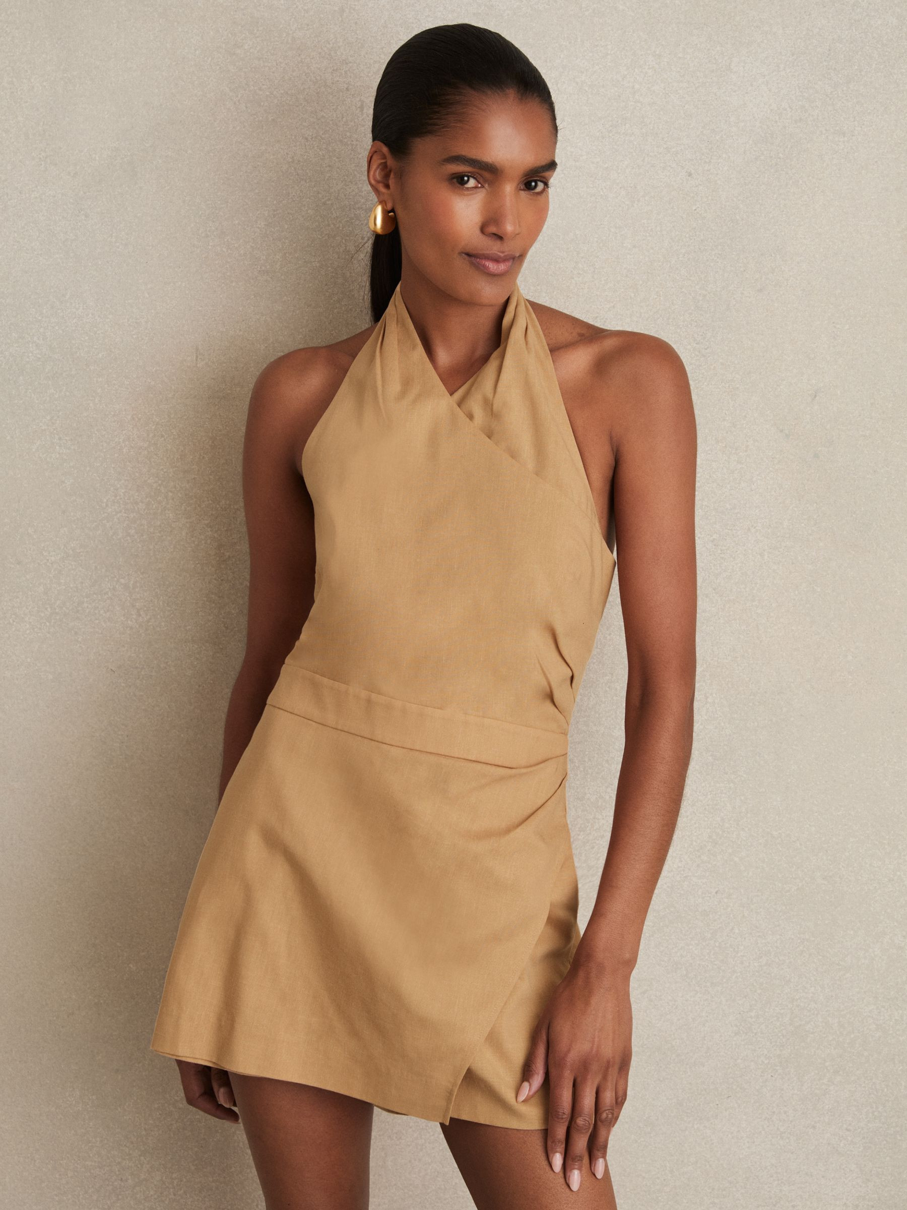 Reiss Lyocell Cotton Halter Skort Playsuit in Camel - REISS | Reiss UK