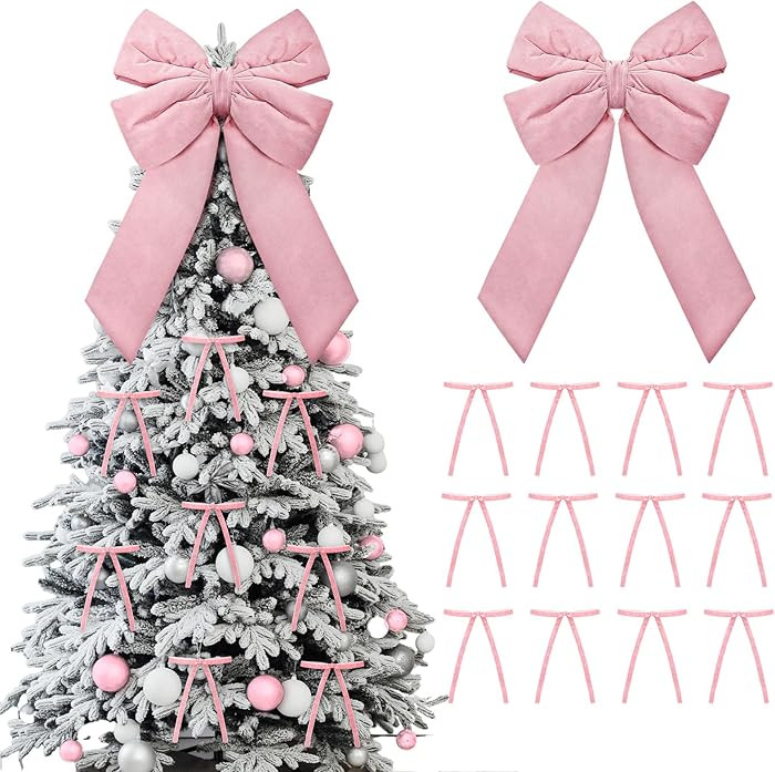 Pink Christmas Tree Decorations Bows Set Include 1 PC 24 Inch Large Velvet Tree Topper and 12 Pcs... | Amazon (US)