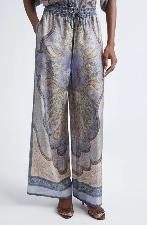 Zimmermann Wanderlust Paisley Relaxed Wide Leg Habutai Silk Drawstring Pants in Tapestry Blue Multi at Nordstrom, Size 4 | Nordstrom