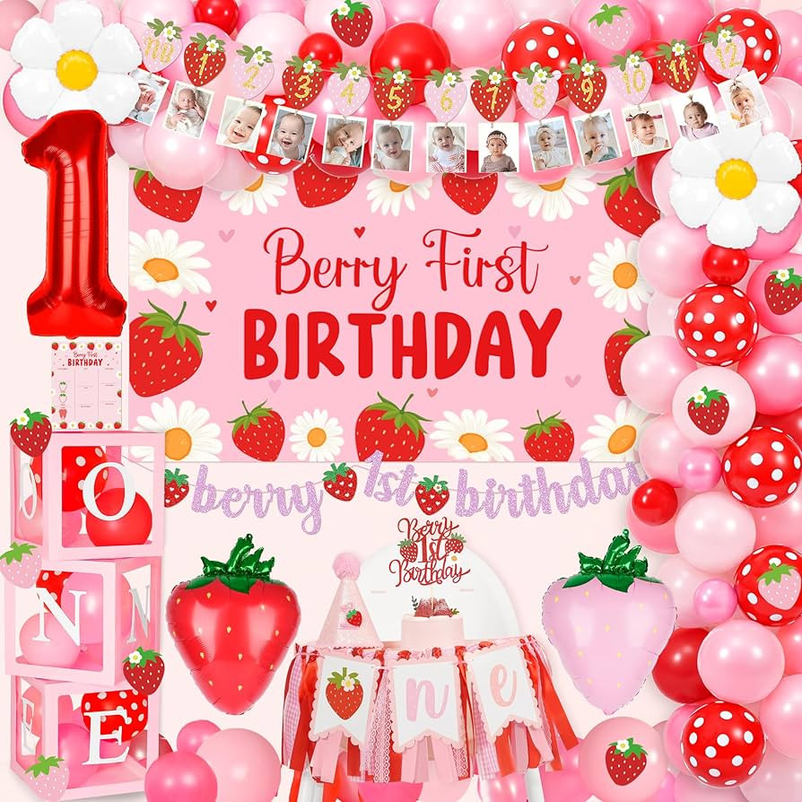Berry First Birthday Decor Strawberry 1st Birthday Decorations for Girls with Balloon Arch, Highc... | Amazon (US)