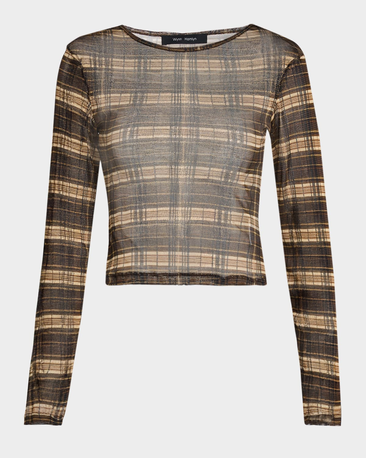 Plaid Silk-Mesh Long-Sleeve Top | Neiman Marcus