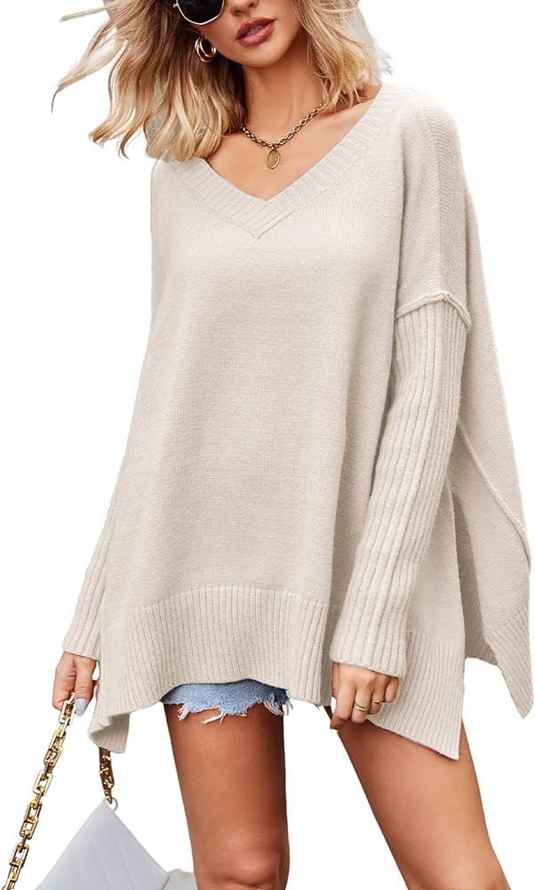 ZOCPEONY Women's Pullover Sweaters V Neck Batwing Sleeve Side Slit Ribbed Knit Sweater Tops | Amazon (US)