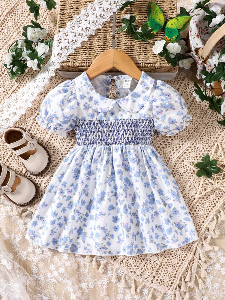 New
     
      Baby Floral Print Peter Pan Collar Puff Sleeve Shirred Dress | SHEIN