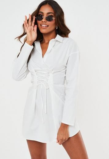 White Lace Up Front Shirt Dress | Missguided (US & CA)