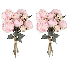 Pink Peonies Artificial Flowers 2 Bouquets Vintage Peonies 18pcs Pink Peonies with Single Long St... | Amazon (US)