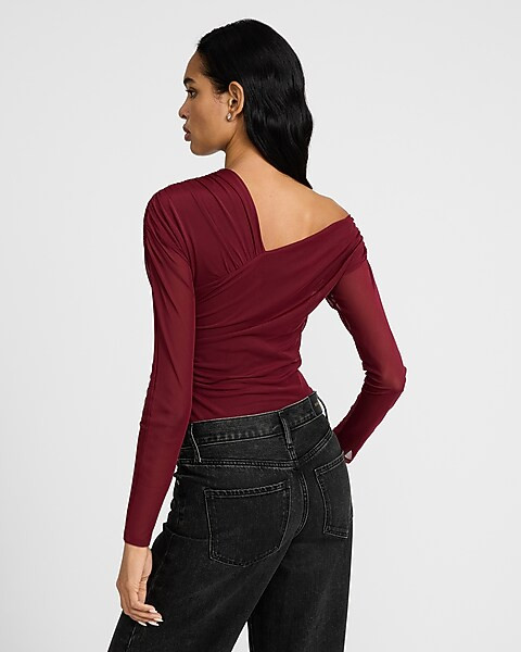 Mesh Asymmetrical Off the Shoulder Long Sleeve Ruched Bodysuit | Express