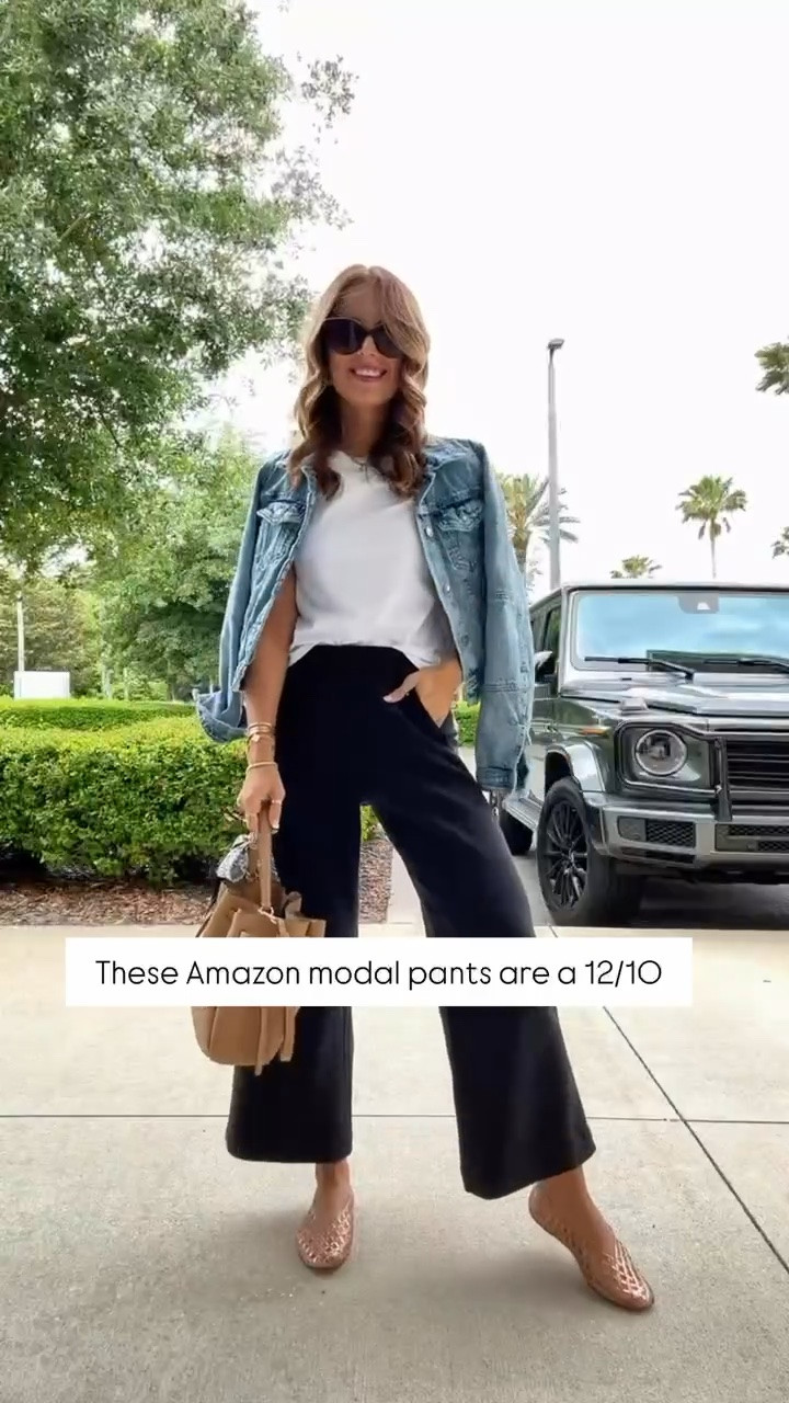 Travel outfit. Elevated casual. I just love these new wide leg modal blend pants! Wearing XXS and has 25” inseam. So soft and comfortable for travel, everyday, and the office, too. The best white t-shirt in XS. XS in denim jacket. Jelly ballet flats are TTS. Tory Burch Romy Bucket bag.

#LTKootd #LTKTravel #LTKPetite