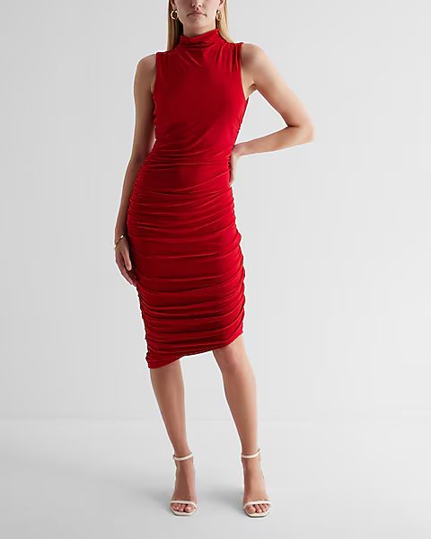 Body Contour Mock Neck Ruched Asymmetrical Midi Dress | Express