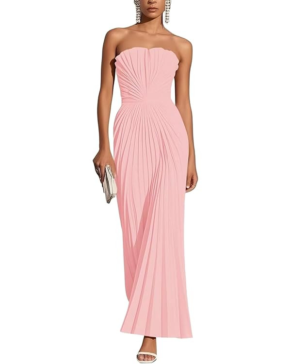 Strapless Pleated Bridesmaid Dress Long Satin Wedding Guest Dresses A-Line Prom Formal Party Gown | Amazon (US)