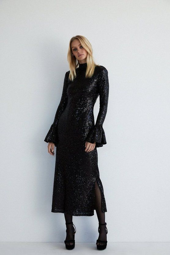 Sequin Bell Sleeve Funnel Neck Midi Dress | Warehouse UK & IE