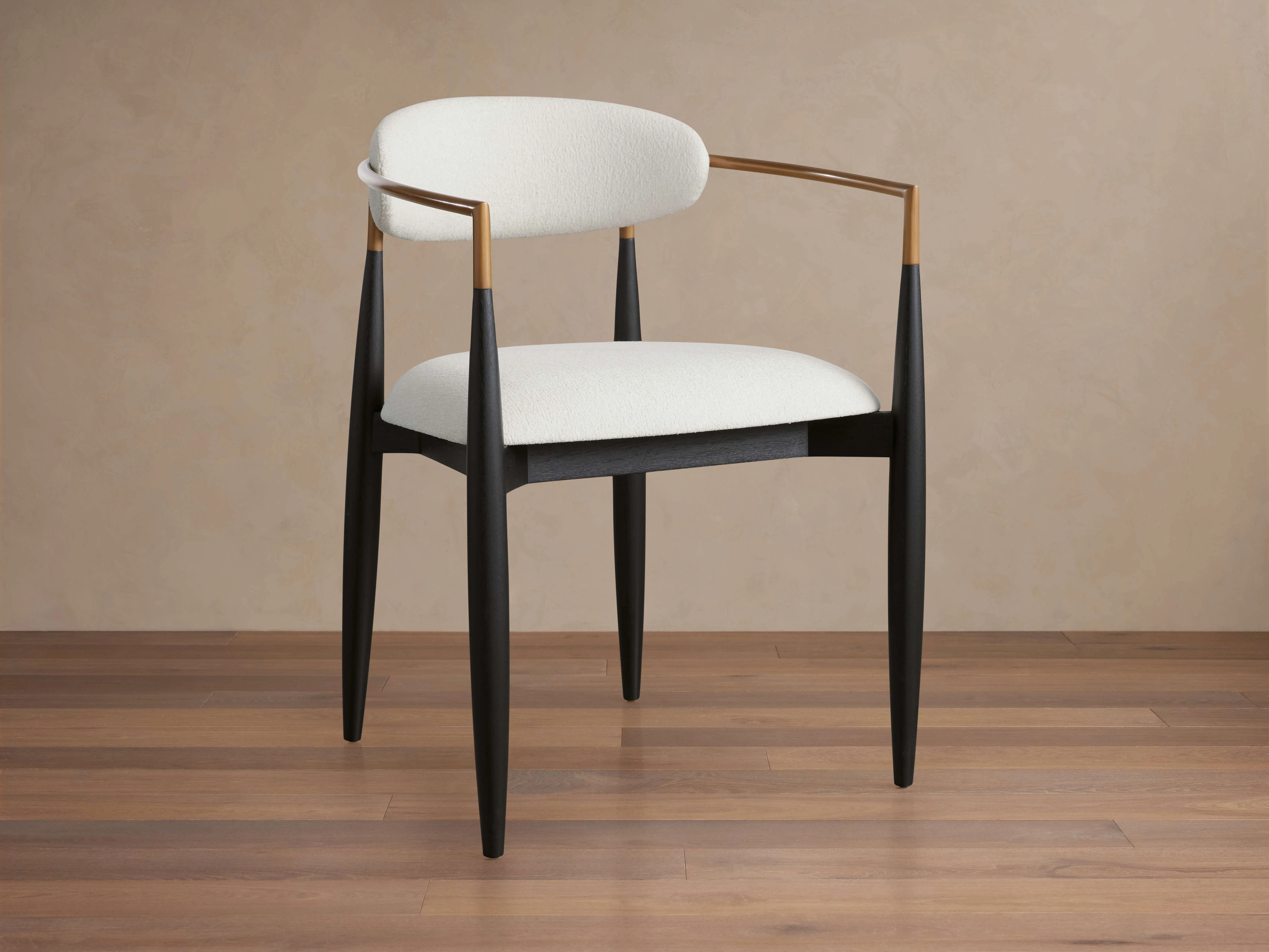 Jagger Crypton Downy Snow Dining Arm Chair in Black and Brass | Arhaus