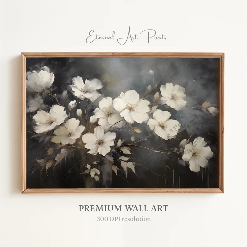Printable Flower Wall Art, Creamy White Flowers, Dark Moody Background, Elegant Floral Art, Vinta... | Etsy (US)