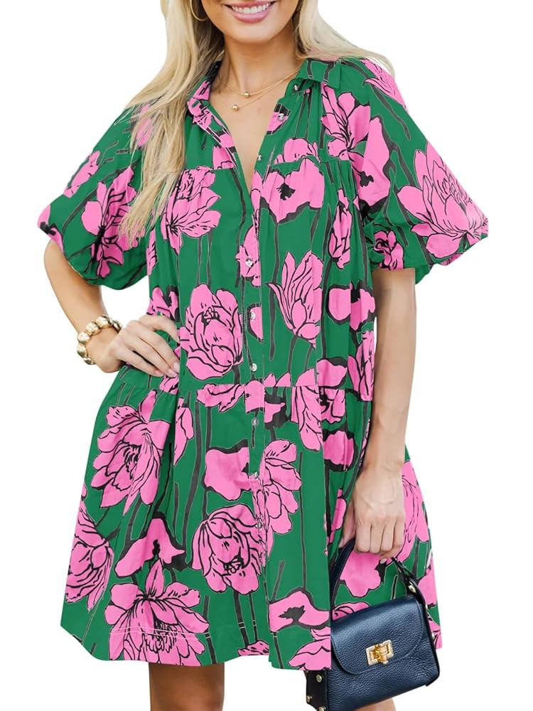 Wenrine Women's Summer Button Down Shirt Dress Floral Puff Short Sleeve Casual Loose Fit Beach Mi... | Amazon (US)