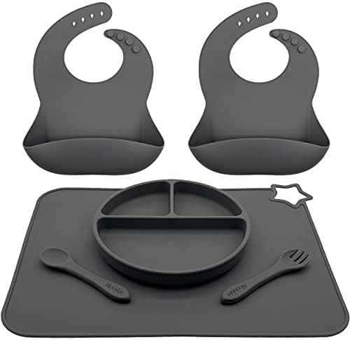 Baby Self Feeding Utensils Set, Toddler Led Weaning Feeding Supplies -Adjustable Silicone Bibs, Sili | Amazon (US)