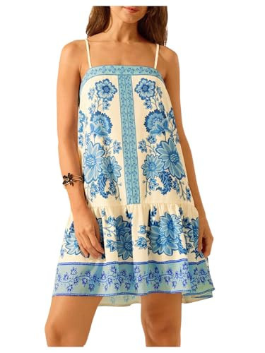 SHENHE Women's Floral Sundress Ruffle Hem Spaghetti Strap Loose Flowy Boho Cami Dress Blue and White Small | Amazon (US)