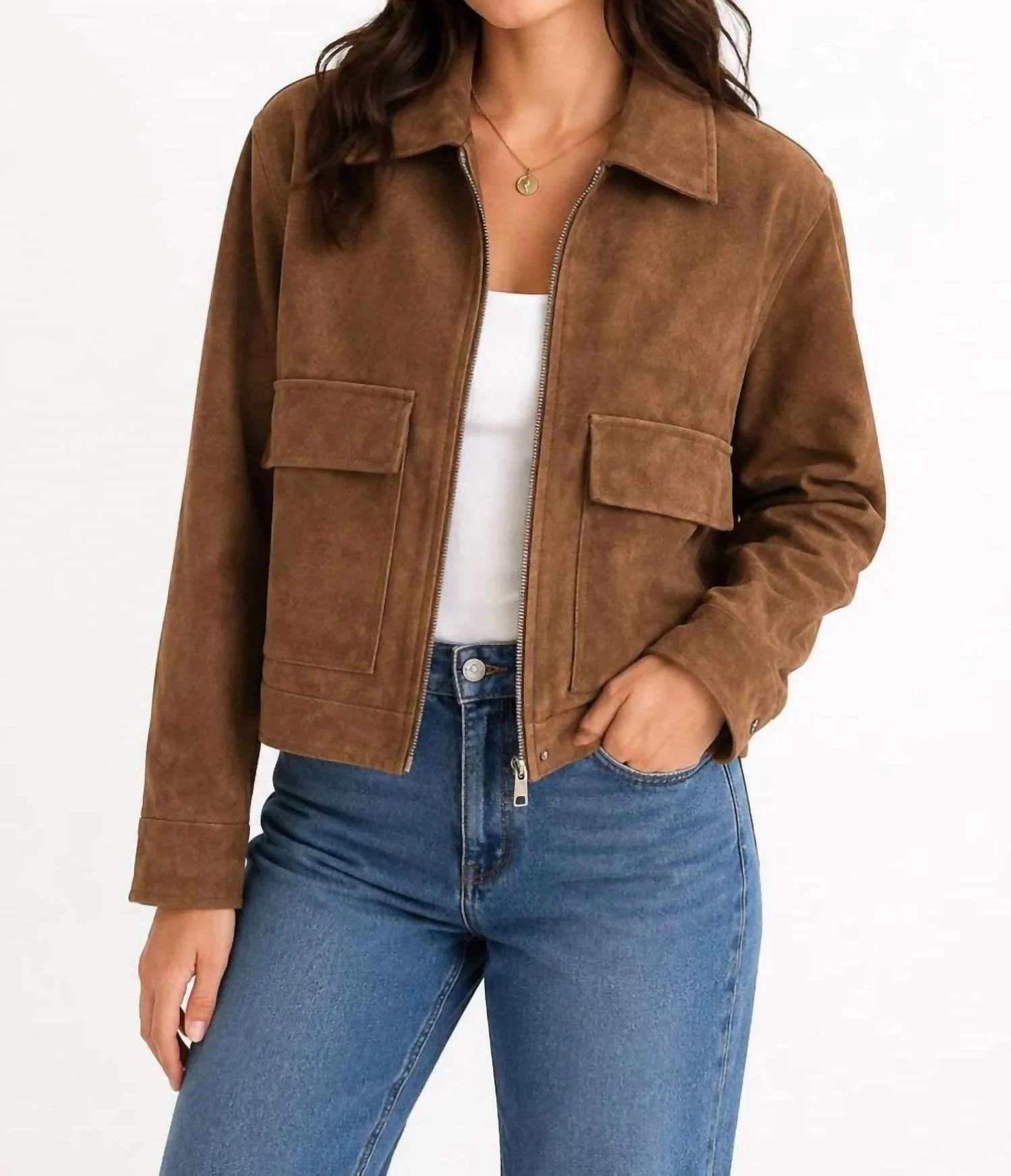 Sueded Collar Zip Jacket In Camel | Shop Simon