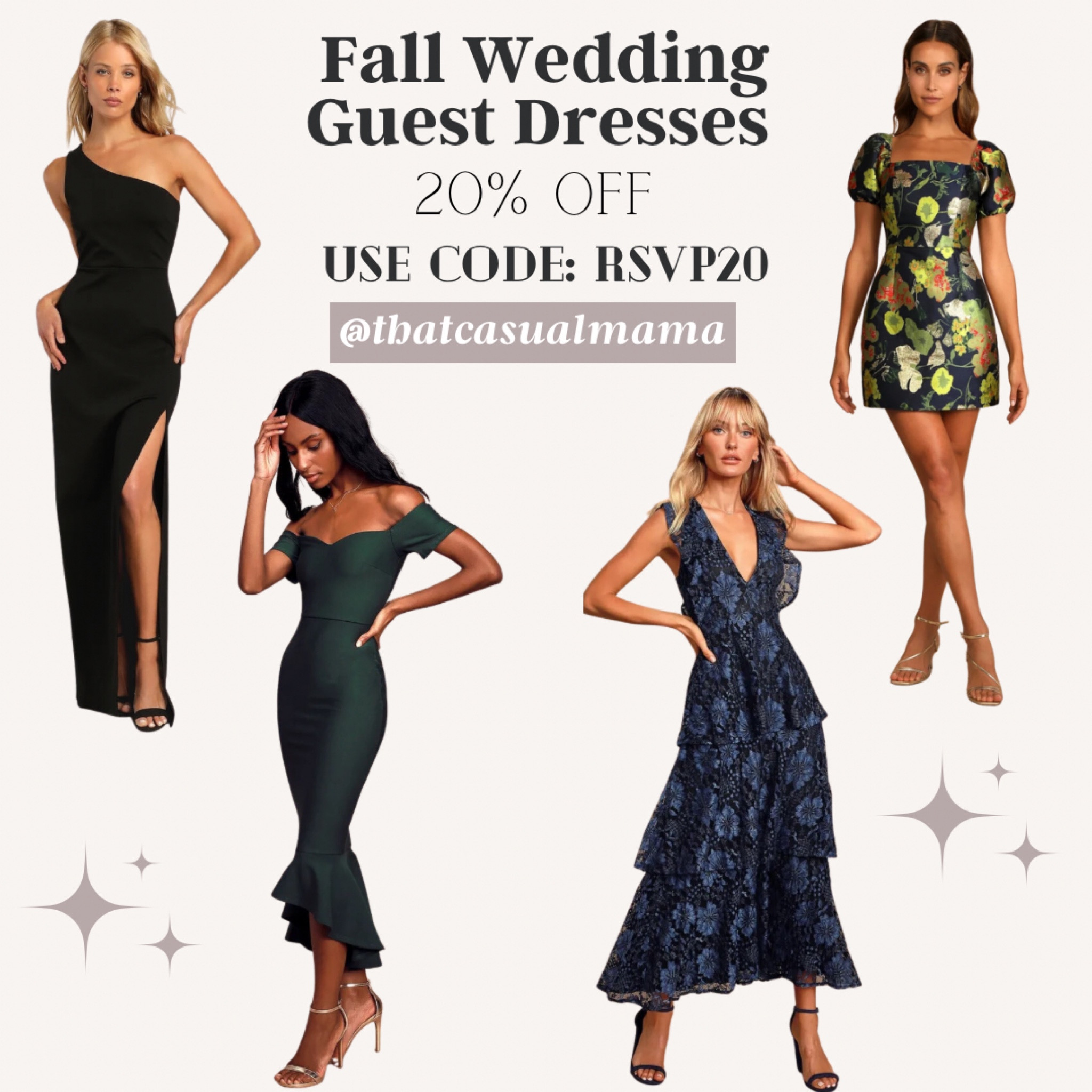 20% Off All Wedding Guest Dresses Limited time only Use code: RSVP20 . Navy Blue Floral Jacquard Puff Sleeve Mini Dress, Navy Blue Lace Ruffled Tiered Sleeveless Maxi Dress, Black One-Shoulder Maxi Dress, Teal Strapless Ruffled Maxi Dress, Dark Green Off-the-Shoulder Midi Dress, Red One-Shoulder Maxi Dress #fallwedding #weddingguestdress #homecomingdress #formaldress #bridesmaiddress #bachelorettedress #bacheloretteparty #girlstrip #girlsweekend #partydress #holidaypartydress #datenightlook

#LTKsalealert #LTKfindsunder100 #LTKwedding