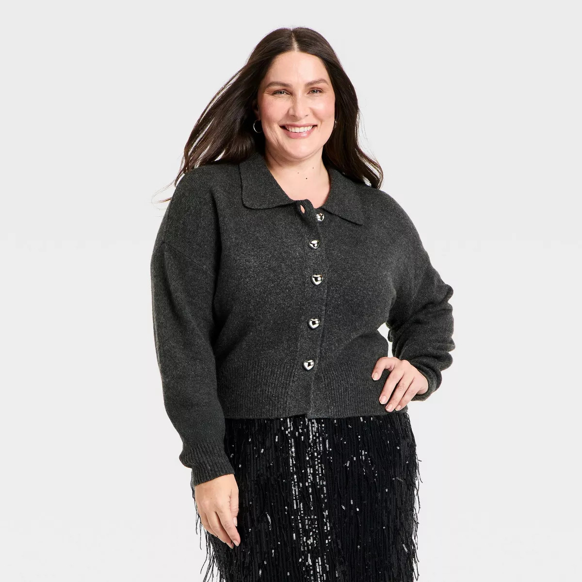 Women's Long Sleeve Heart Button Cardigan Sweater - A New Day™ Charcoal Gray 2X | Target