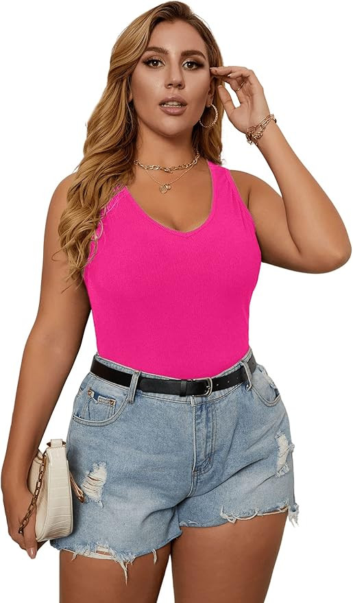 Romwe Women's Plus Size Sleeveless V Neck Ribbed Knit Fitted Vest Crop Tank Top | Amazon (US)