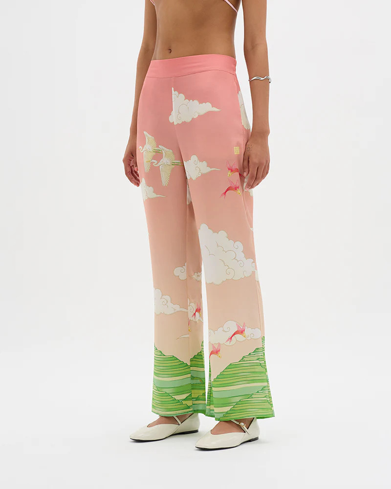 Eden Illustrated Pink Silk Chiffon Pant | Muma World