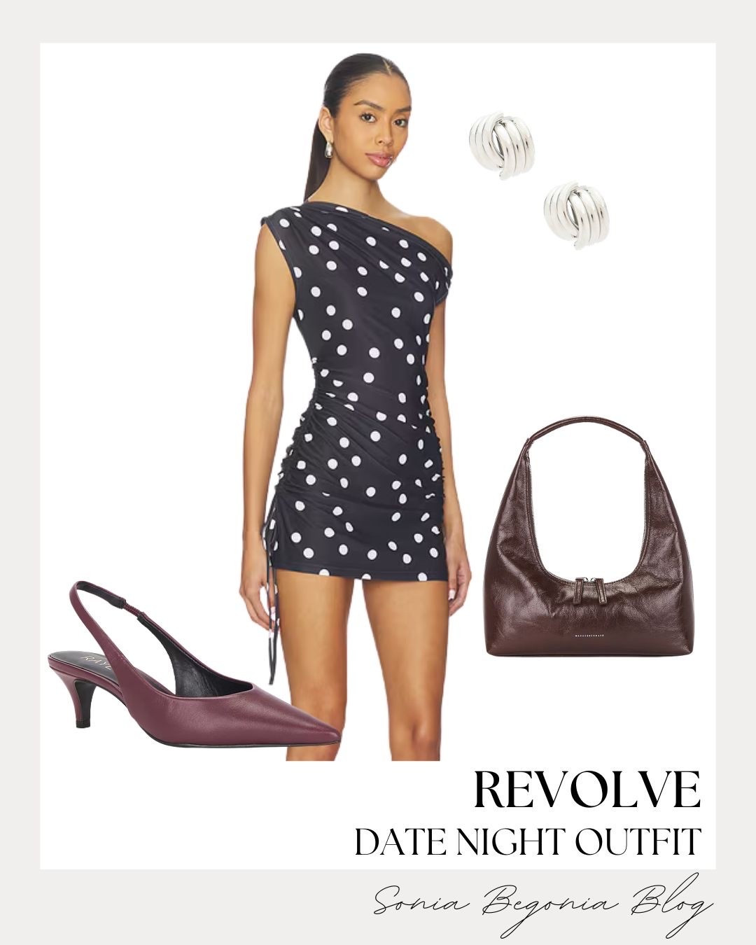I have found the perfect polka dot mini for your next date night! This one-shoulder design with ruched detailing is so sophisticated and pairs beautifully with these deep burgundy slingbacks. 🖤🍷

I added silver twisted hoops and a matching wine-colored shoulder bag to elevate the look. This outfit offers such a romantic and polished vibe that is guaranteed to turn heads! 💃✨

#RevolveStyle #DateNightLook #PolkaDotDress #EveningOOTD #BurgundyAesthetic #MiniDress #StyleInspo #NightOutOutfit

#LTKootd #LTKSeasonal