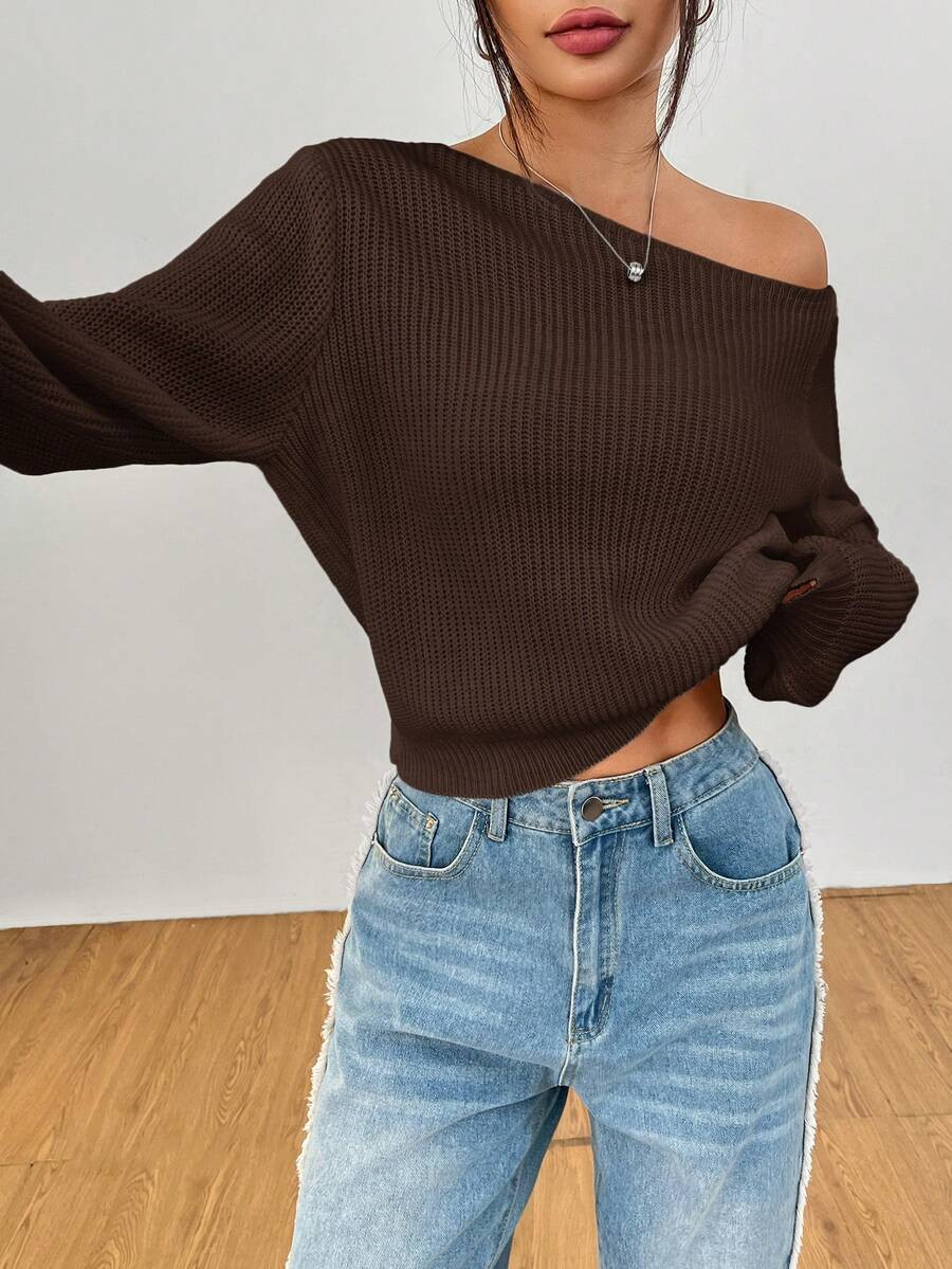 SHEIN PETITE Pullover White Women's Long-Sleeved Sweater Can Be Worn Across The Shoulder, Suitabl... | SHEIN