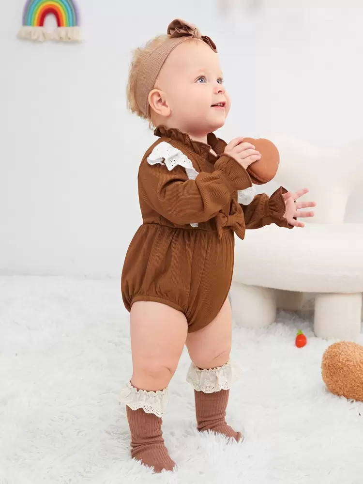 Baby Frilled Neck Eyelet Embroidery Flounce Sleeve Bodysuit | SHEIN