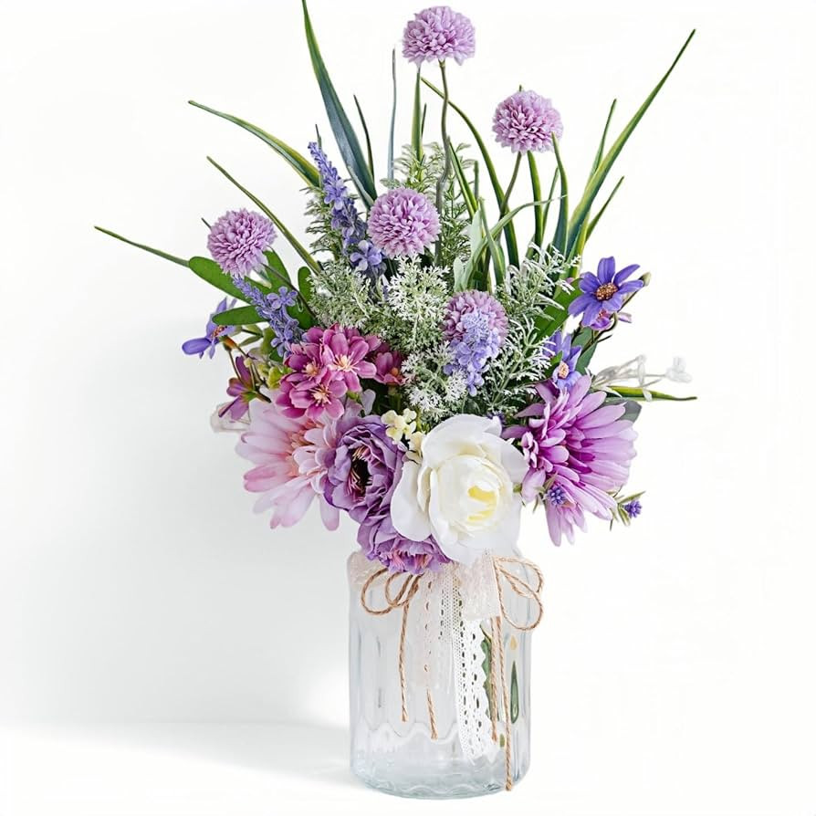 LUEUR Artificial Faux Flowers in Vase-Fake Purple Transvaal Daisy and Dandelion Flowers with Vase... | Amazon (US)