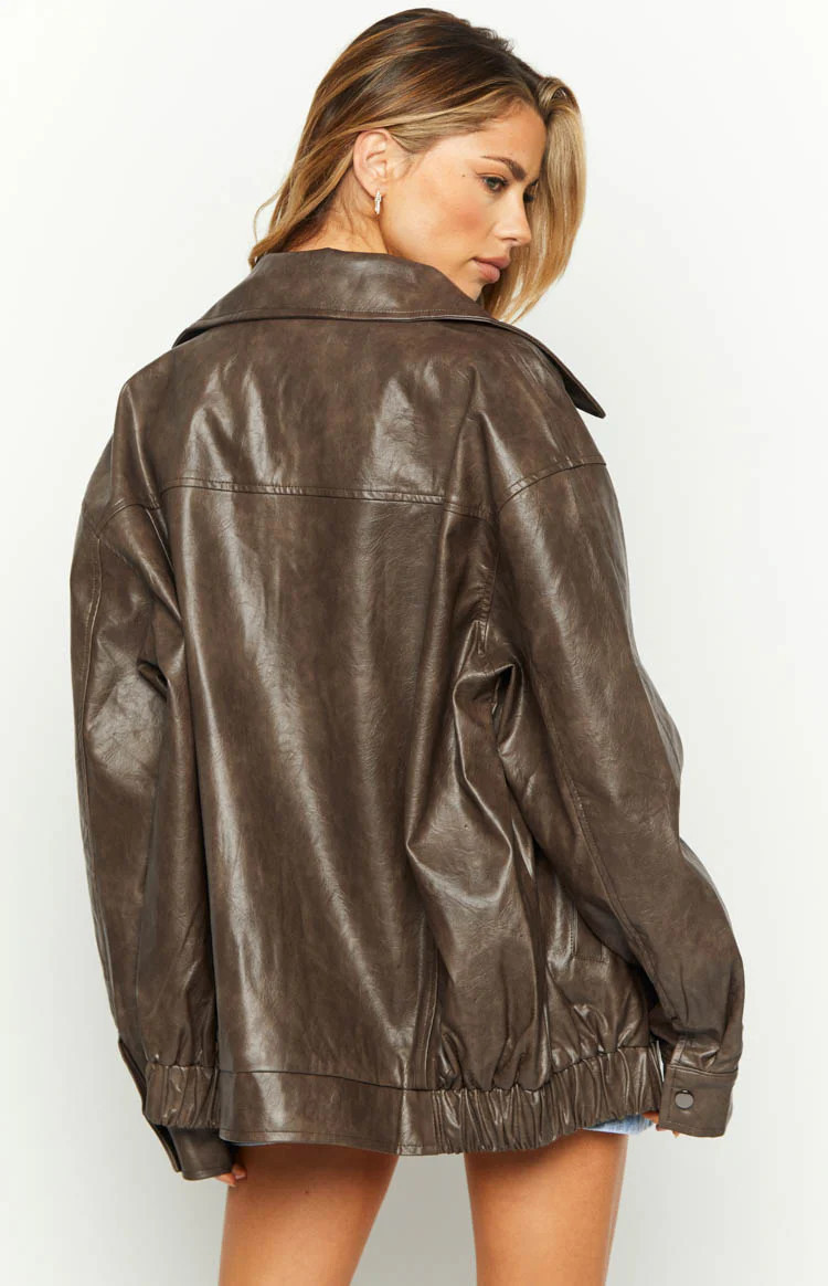 Abbi PU Vintage Brown Bomber Jacket | Beginning Boutique (AU)