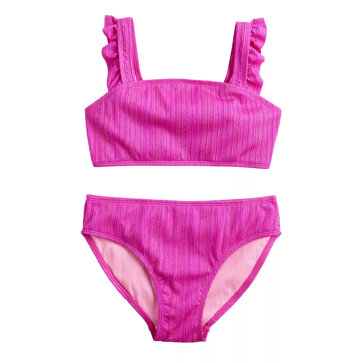 Girls 4-16 Breaking Waves Wide Strap Flutter Bralette Swim Top & Scoop Swim Bottoms | Kohl's