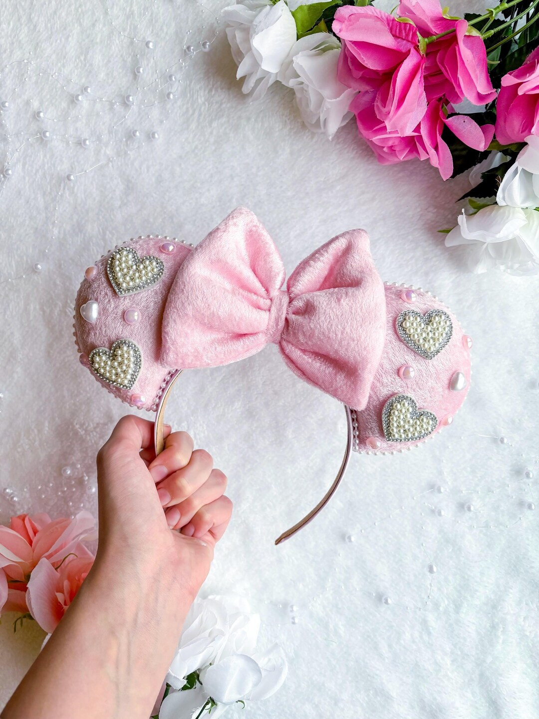 Valentines Day Pearl Heart Velvet Inspired Mouse Ears Mickey Ears Headband - Etsy | Etsy (US)