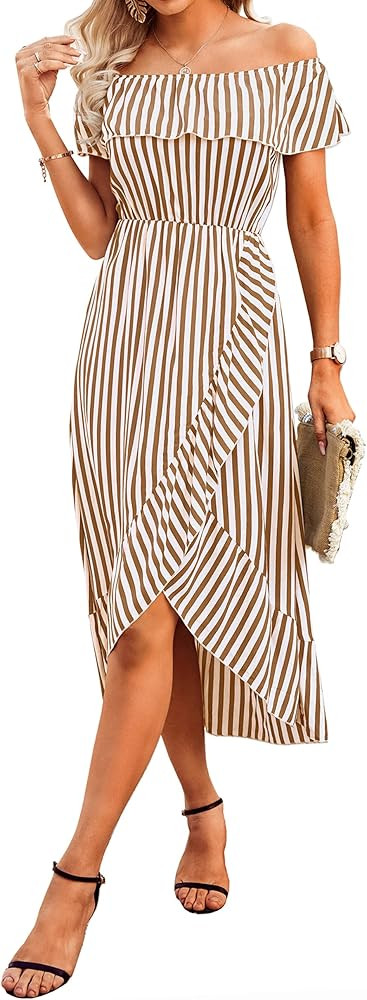 KIRUNDO Women's Casual Summer Striped Print Off Shoulder Dress High Waist Split Ruffle Sleeveless Fl | Amazon (US)
