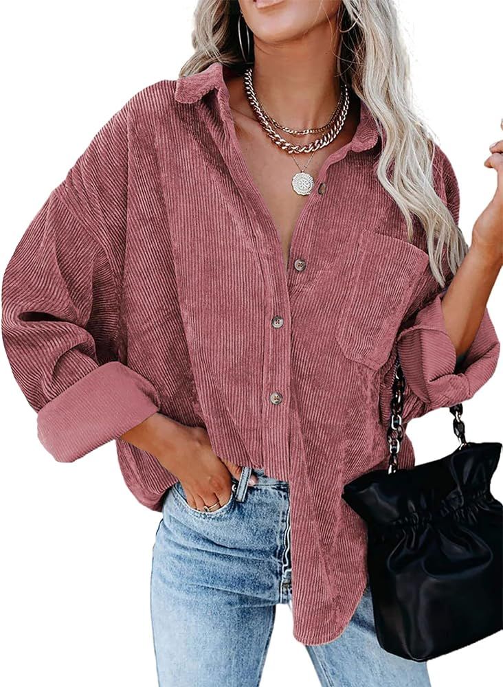 AUSELILY Women's Oversized Corduroy Jacket Button Down Shirts Shacket Long Sleeve Blouses Tops | Amazon (US)
