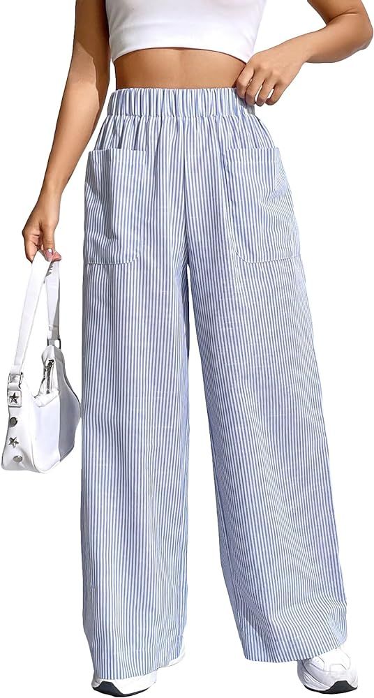 Floerns Women's Striped Print Elastic High Waist Pocket Front Wide Leg Pants | Amazon (US)