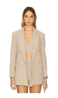 L'AGENCE Riva Knit Double Breasted Blazer in Tan & Ivory from Revolve.com | Revolve Clothing (Global)