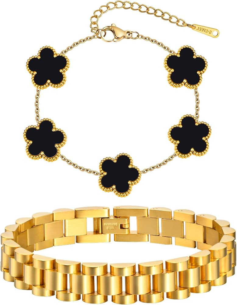 Stackable Gold Floral Bracelets Set , 2pcs 18K Gold Plated Bracelet Non-tarnish,Stainless Steel L... | Amazon (US)