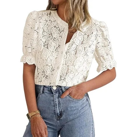 PRETTYGARDEN Womens Summer Lace Tops Short Puff Sleeve Casual Dressy Blouses Eyelet Crew Neck Buttom Down Shirts | Walmart (US)