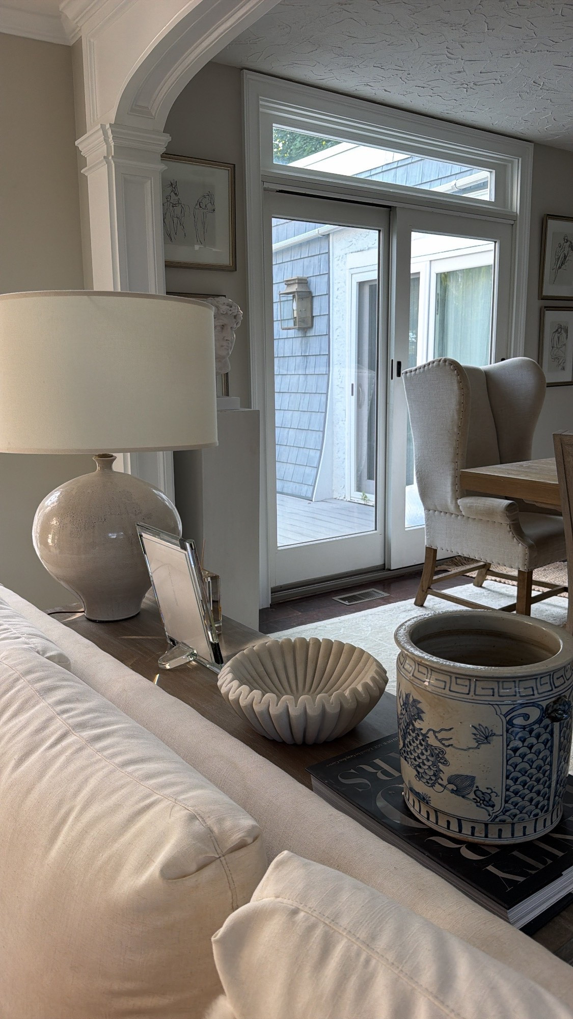 Use code: Cristina and save 15% off items that are not part of the sale! Marble bowl, dragon, pot, table, lamp, sketch, wall, art, fringe, modern, coastal, living room, neutrals.@Alice Lane