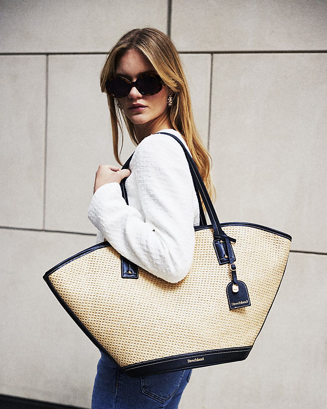 Black raffia lace up tote bag | River Island (UK & IE)